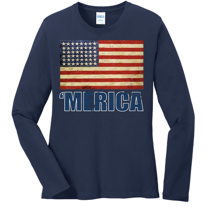 Vintage Merica Flag Ladies Long Sleeve Shirt