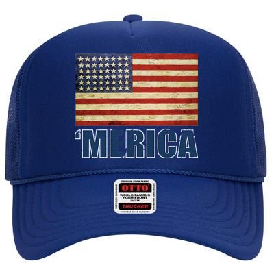 Vintage Merica Flag High Crown Mesh Back Trucker Hat