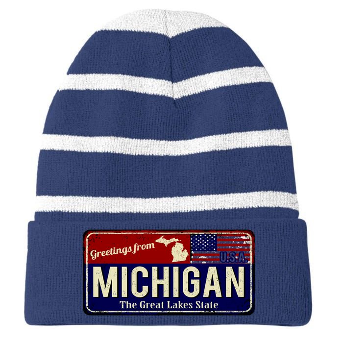 Vintage Michigan Sign Striped Beanie with Solid Band