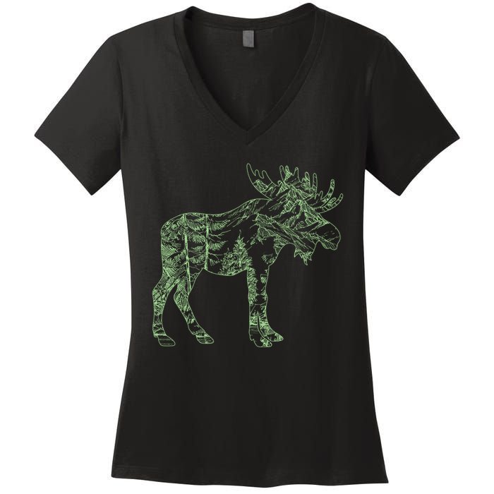 Vintage Nature Lover Moose Forest Women's V-Neck T-Shirt