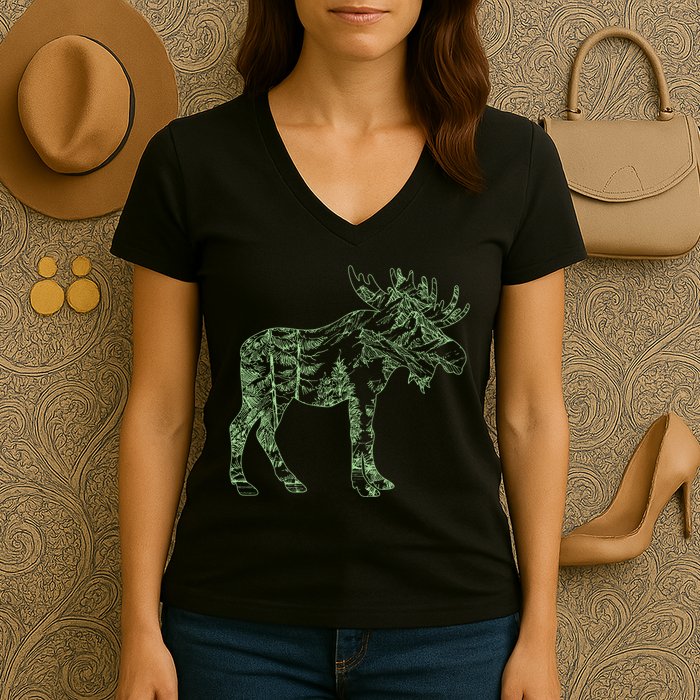 Vintage Nature Lover Moose Forest Women's V-Neck T-Shirt