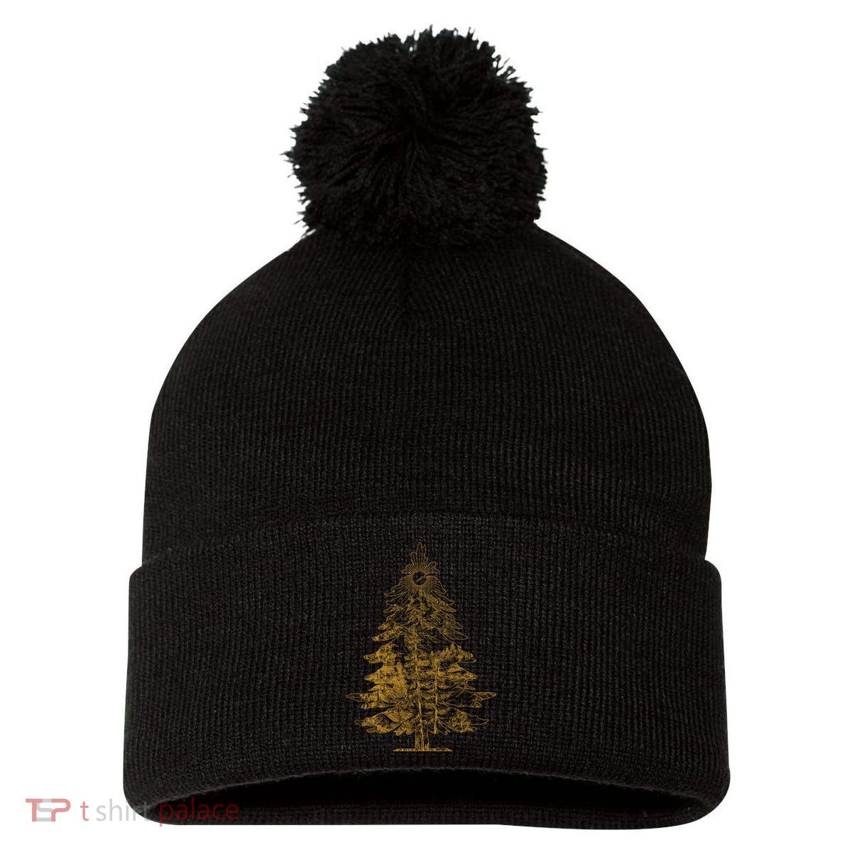 Vintage Nature Lover Pine Tree Forest Pom Pom 12in Knit Beanie