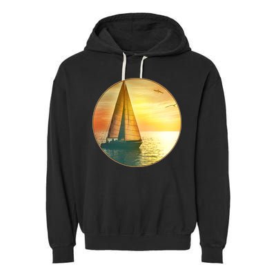 Vintage Ocean Sunset Sailboat Scene Garment-Dyed Fleece Hoodie