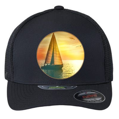 Vintage Ocean Sunset Sailboat Scene Flexfit Unipanel Trucker Cap