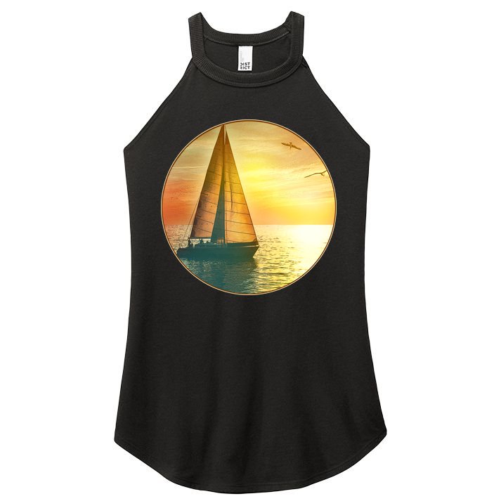 Vintage Ocean Sunset Sailboat Scene Women's Perfect Tri Rocker Tank