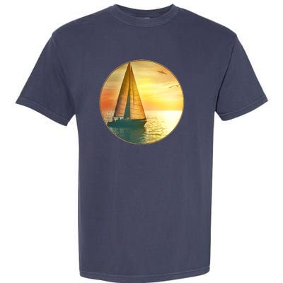 Vintage Ocean Sunset Sailboat Scene Garment-Dyed Heavyweight T-Shirt