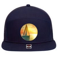 Vintage Ocean Sunset Sailboat Scene 7 Panel Mesh Trucker Snapback Hat