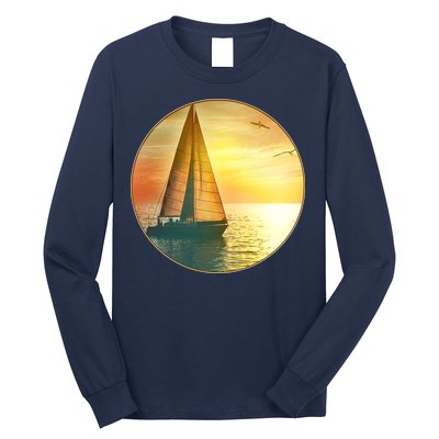 Vintage Ocean Sunset Sailboat Scene Long Sleeve Shirt