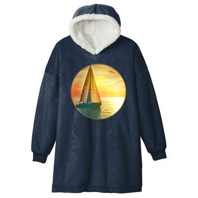 Vintage Ocean Sunset Sailboat Scene Hooded Wearable Blanket