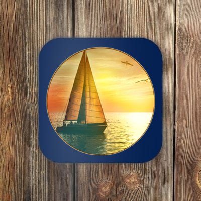 Vintage Ocean Sunset Sailboat Scene Coaster