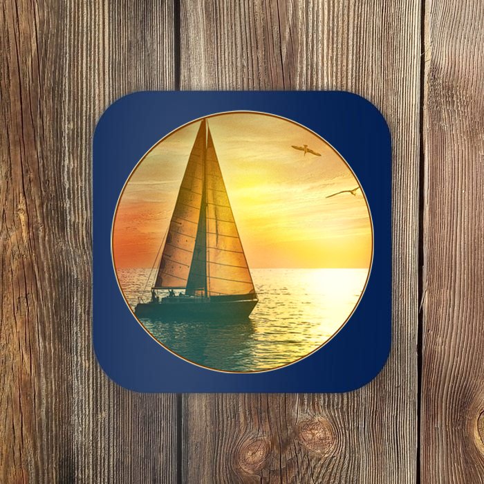 Vintage Ocean Sunset Sailboat Scene Coaster