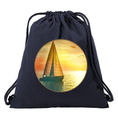 Vintage Ocean Sunset Sailboat Scene Drawstring Bag