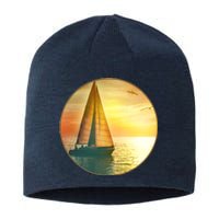 Vintage Ocean Sunset Sailboat Scene Sustainable Beanie