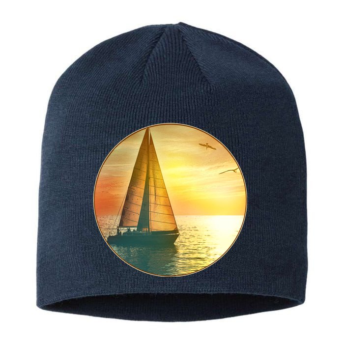 Vintage Ocean Sunset Sailboat Scene Sustainable Beanie