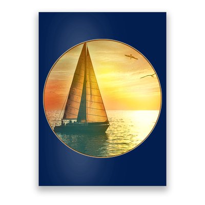 Vintage Ocean Sunset Sailboat Scene Poster