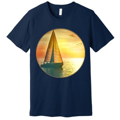 Vintage Ocean Sunset Sailboat Scene Premium T-Shirt