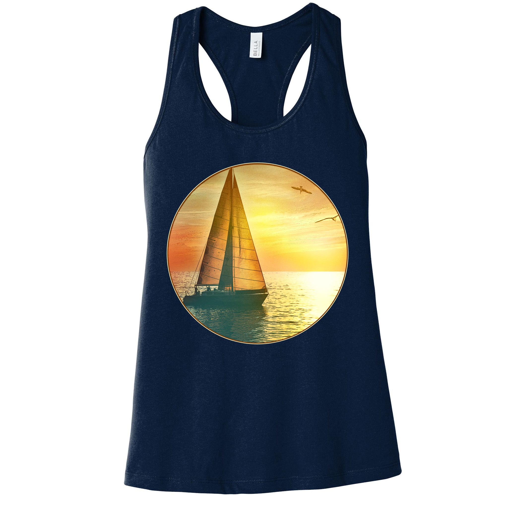 Vintage Ocean Sunset Sailboat Scene Womens Tank Top