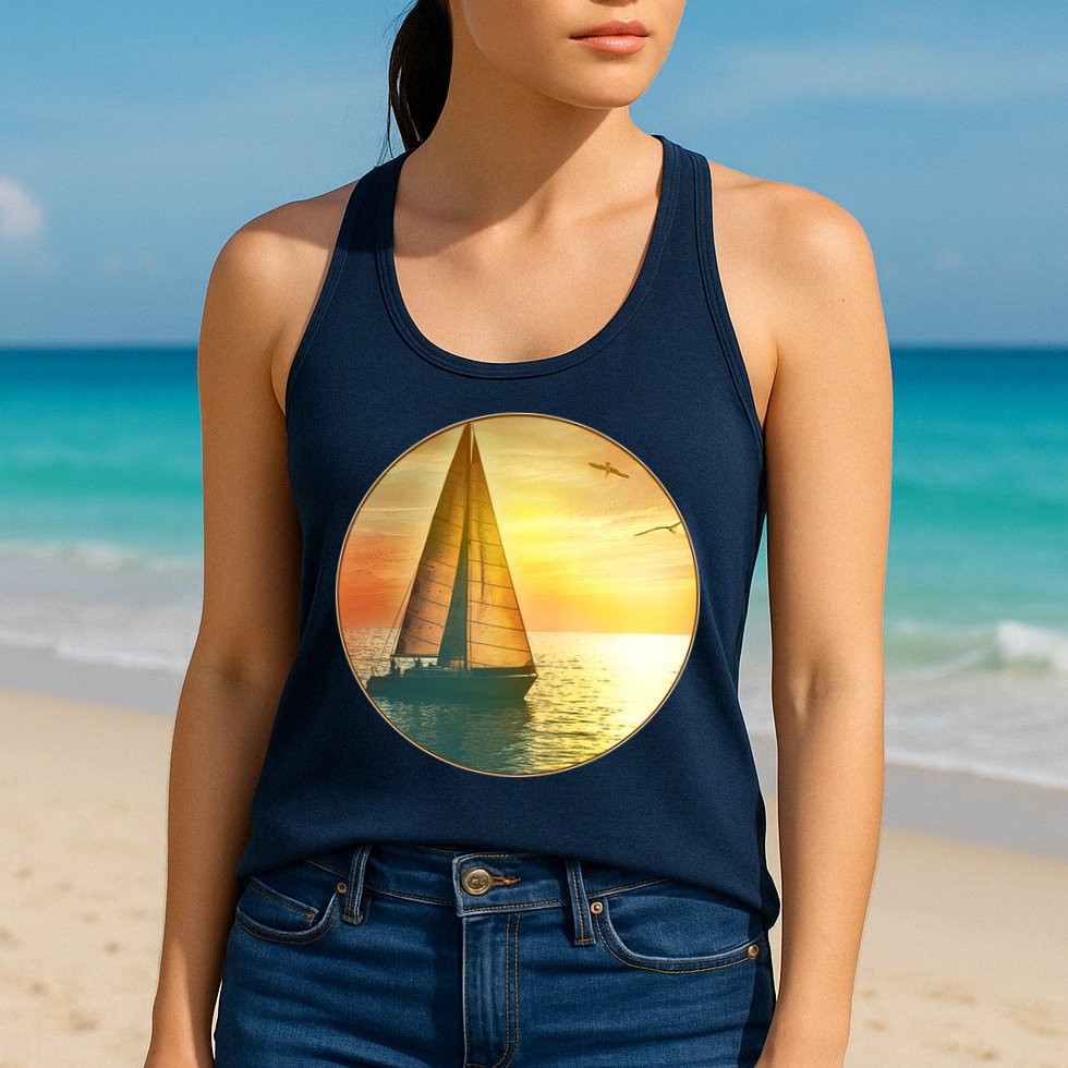 Vintage Ocean Sunset Sailboat Scene Womens Tank Top