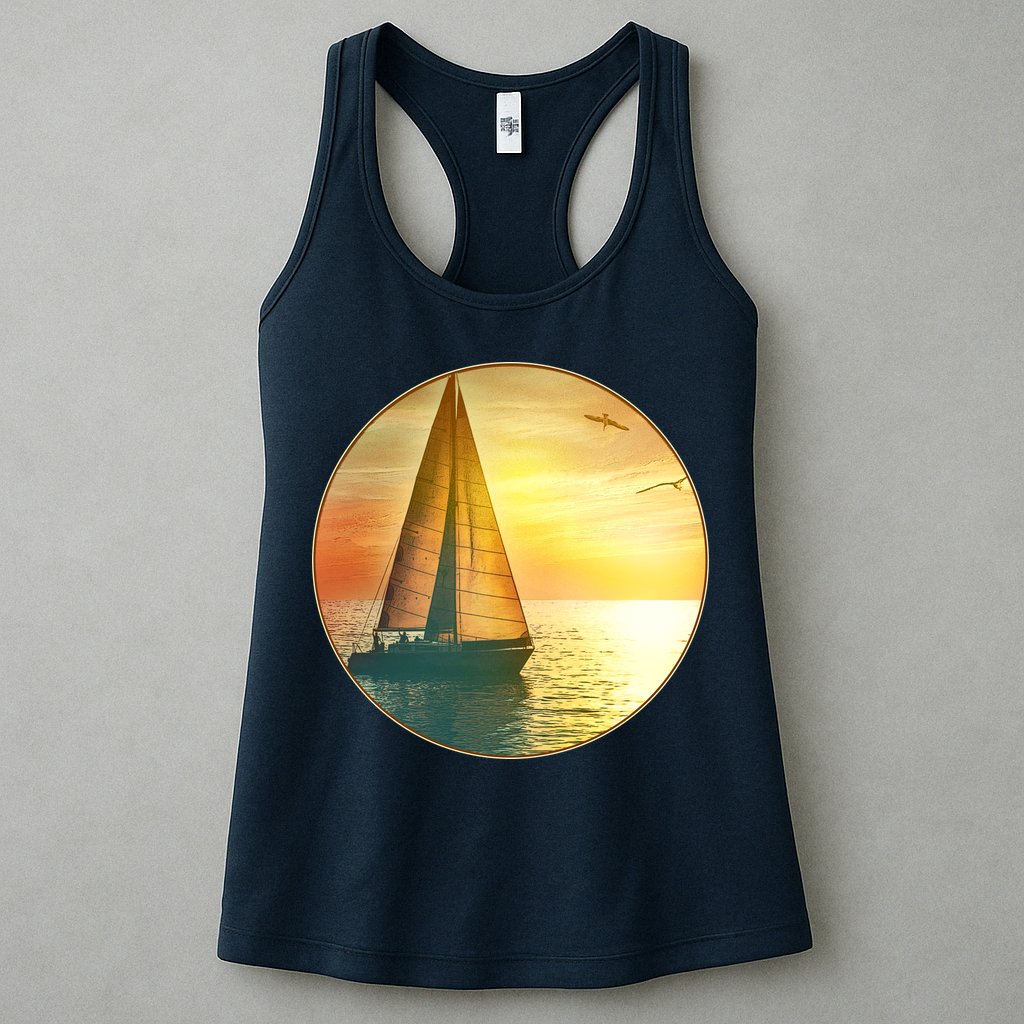 Vintage Ocean Sunset Sailboat Scene Womens Tank Top