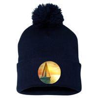 Vintage Ocean Sunset Sailboat Scene Pom Pom 12in Knit Beanie