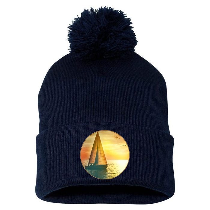 Vintage Ocean Sunset Sailboat Scene Pom Pom 12in Knit Beanie