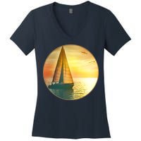 Vintage Ocean Sunset Sailboat Scene Women's V-Neck T-Shirt