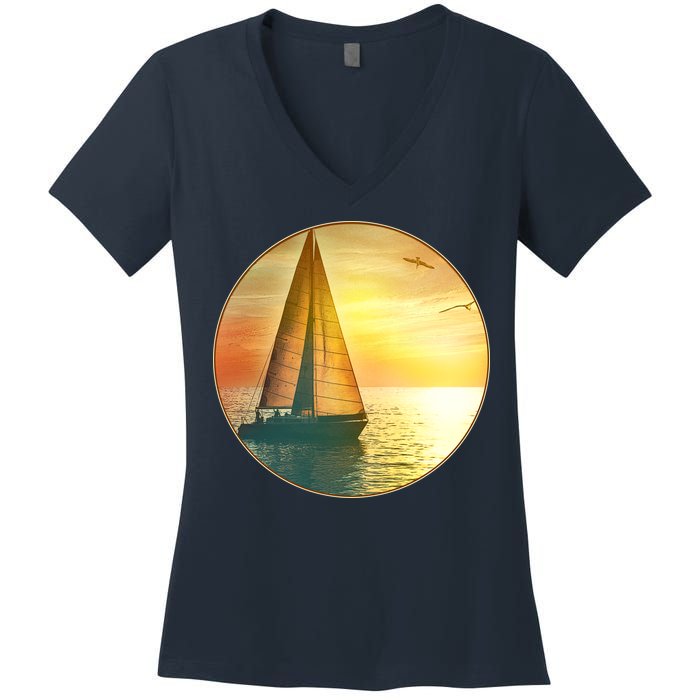 Vintage Ocean Sunset Sailboat Scene Women's V-Neck T-Shirt