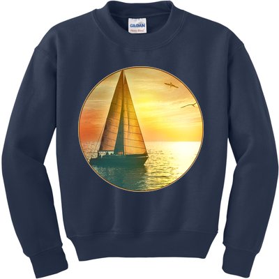 Vintage Ocean Sunset Sailboat Scene Kids Sweatshirt