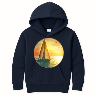 Vintage Ocean Sunset Sailboat Scene Kids Hoodie