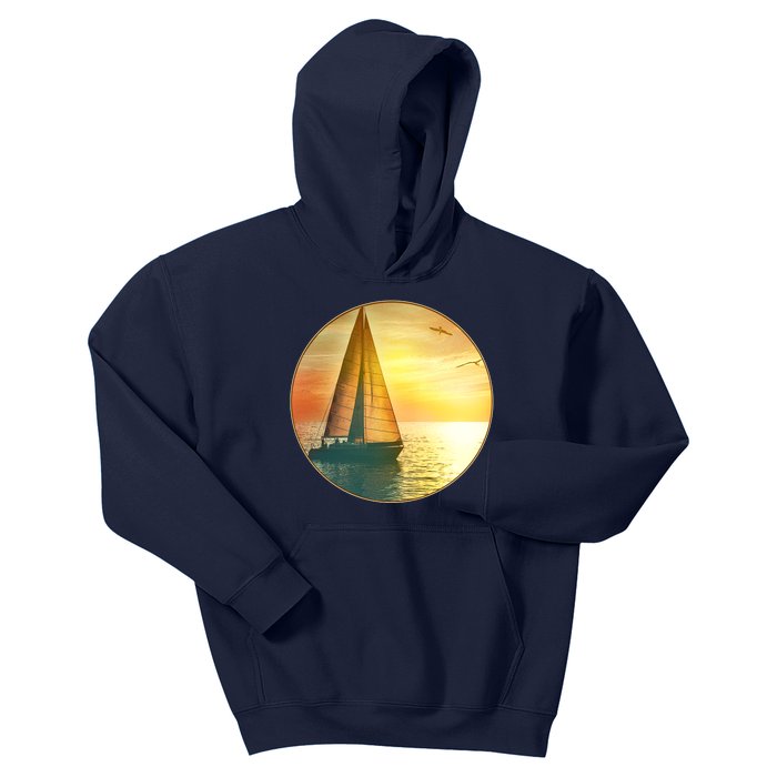 Vintage Ocean Sunset Sailboat Scene Kids Hoodie