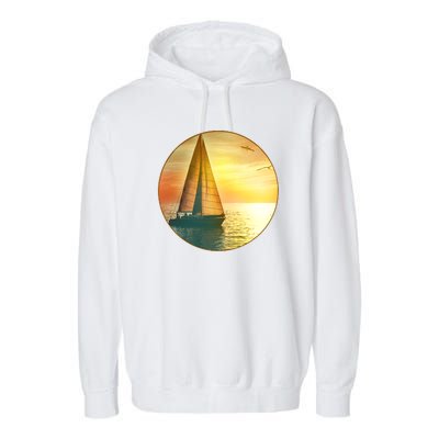 Vintage Ocean Sunset Sailboat Scene Garment-Dyed Fleece Hoodie