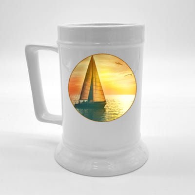 Vintage Ocean Sunset Sailboat Scene Beer Stein