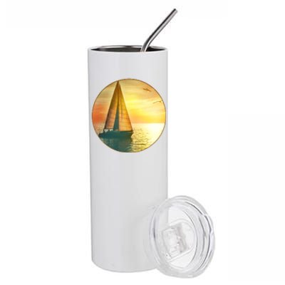 Vintage Ocean Sunset Sailboat Scene Stainless Steel Tumbler