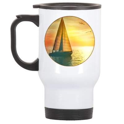 Vintage Ocean Sunset Sailboat Scene Stainless Steel Travel Mug