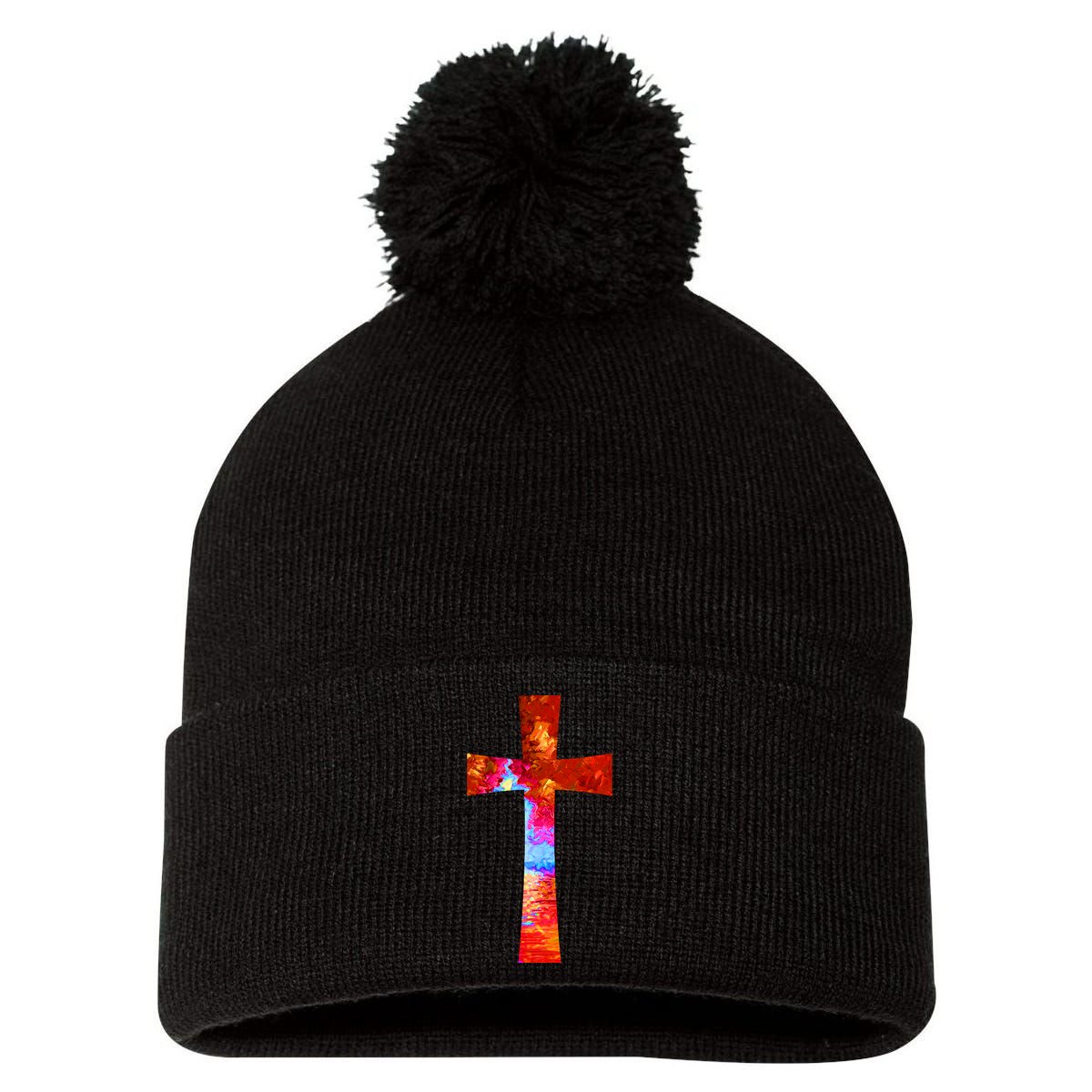 Vintage Oil Christian Cross Cool Pattern Pom Pom 12in Knit Beanie
