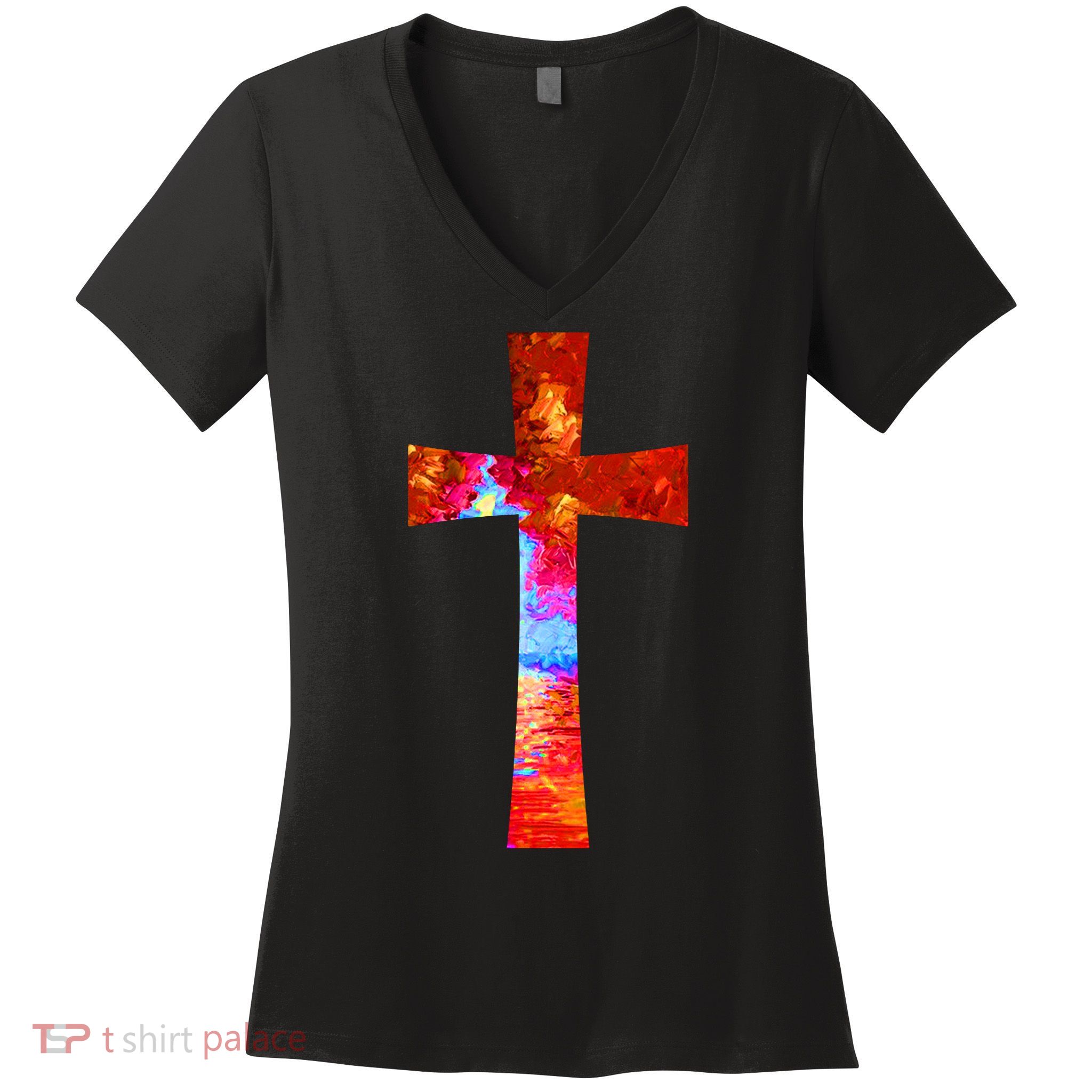 Vintage Oil Christian Cross Cool Pattern Women's V-Neck T-Shirt