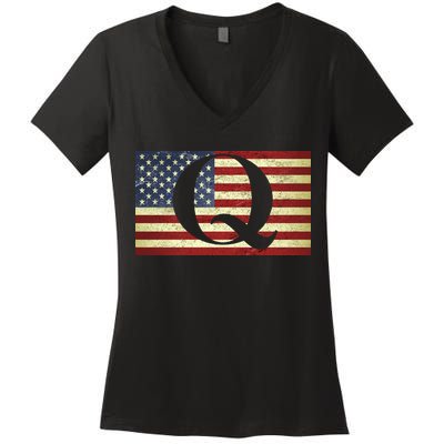 Vintage Q-Anon USA Flag Women's V-Neck T-Shirt