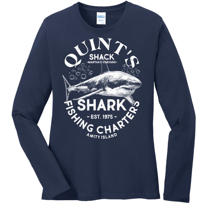 Vintage Quint's Shack Shark Fishing Charters Est 1975 Ladies Long Sleeve Shirt