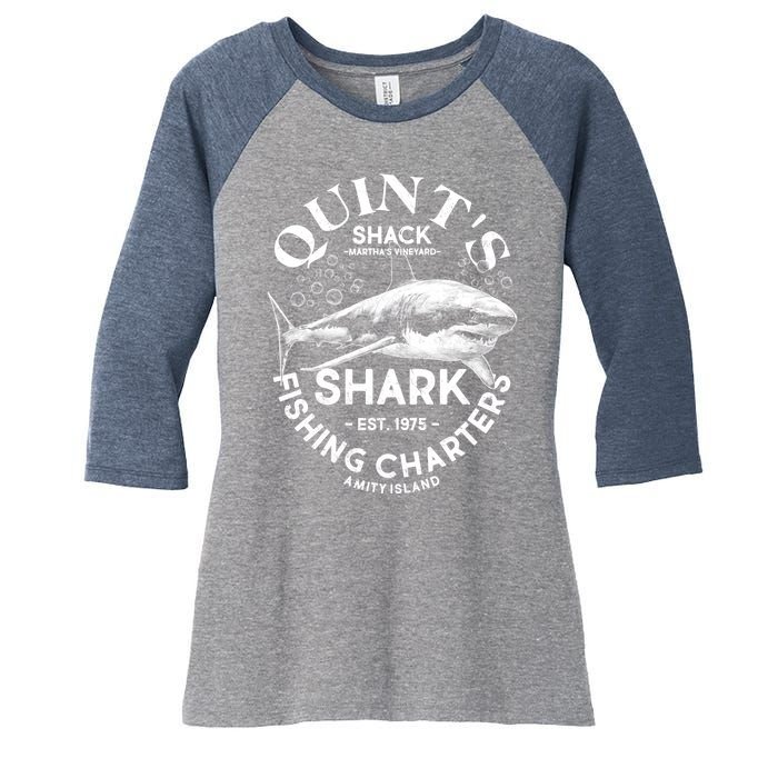 Vintage Quint's Shack Shark Fishing Charters Est 1975 Women's Tri-Blend 3/4-Sleeve Raglan Shirt