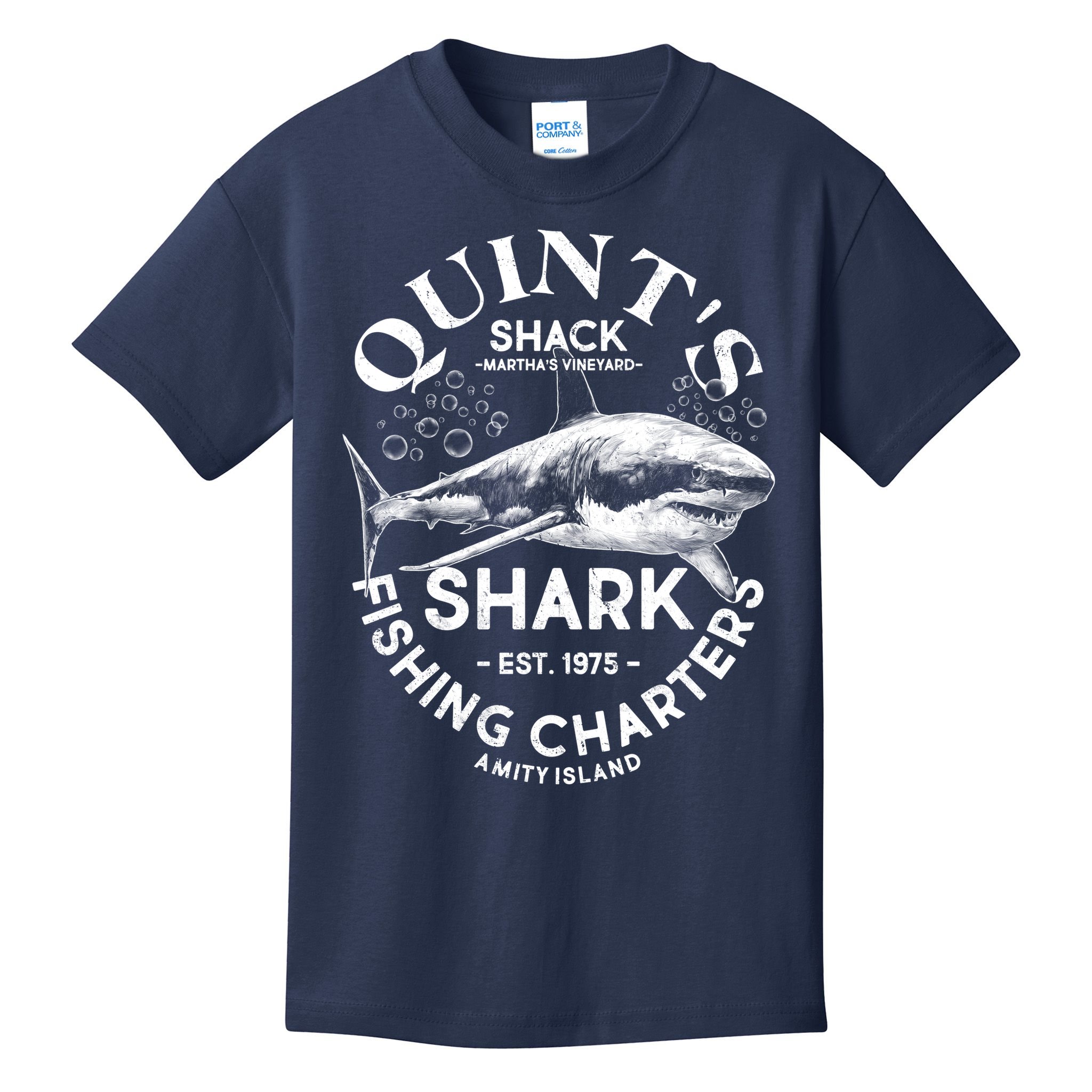 Vintage Quint's Shack Shark Fishing Charters Est 1975 Kids T-Shirt