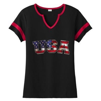 Vintage Red White And Blue USA Logo Ladies Halftime Notch Neck Tee