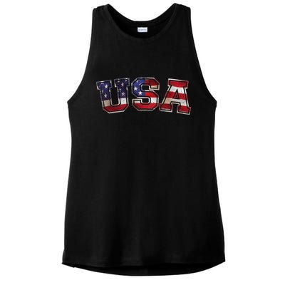 Vintage Red White And Blue USA Logo Ladies PosiCharge Tri-Blend Wicking Tank