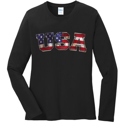 Vintage Red White And Blue USA Logo Ladies Long Sleeve Shirt