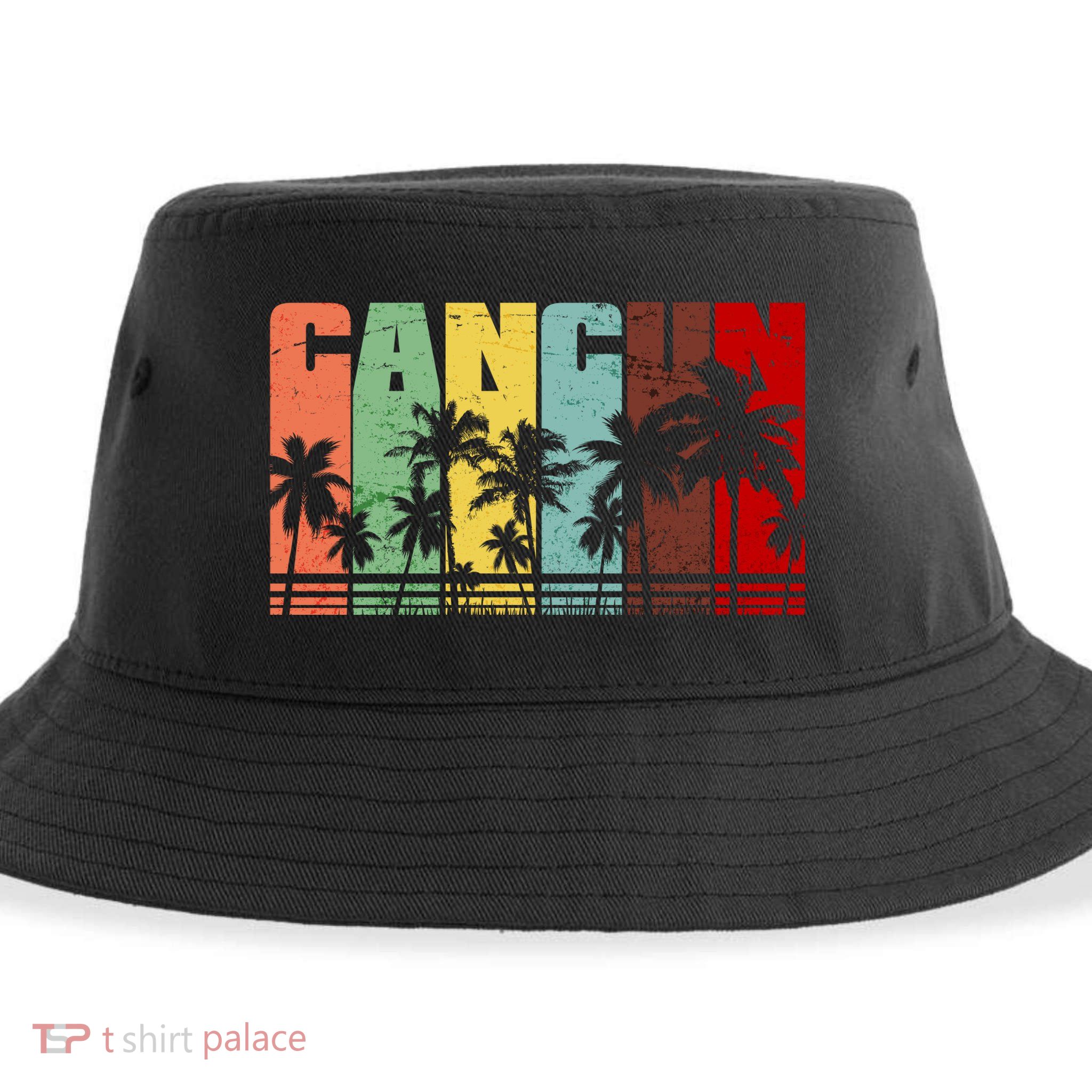 Vintage Retro Cancun Palm Tree Logo Sustainable Bucket Hat