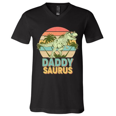 Vintage Retro Daddy Saurus T-Rex Dinosaur V-Neck T-Shirt