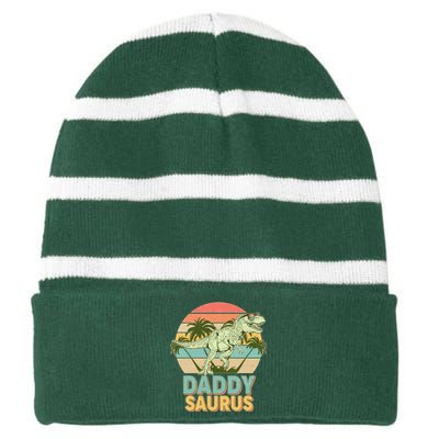 Vintage Retro Daddy Saurus T-Rex Dinosaur Striped Beanie with Solid Band