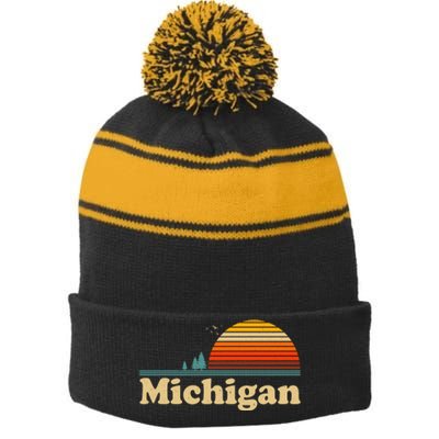 Vintage Retro Michigan Sunset Logo Stripe Pom Pom Beanie