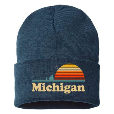 Vintage Retro Michigan Sunset Logo Sustainable Knit Beanie