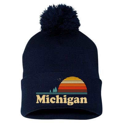 Vintage Retro Michigan Sunset Logo Pom Pom 12in Knit Beanie