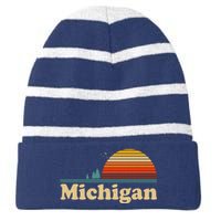 Vintage Retro Michigan Sunset Logo Striped Beanie with Solid Band